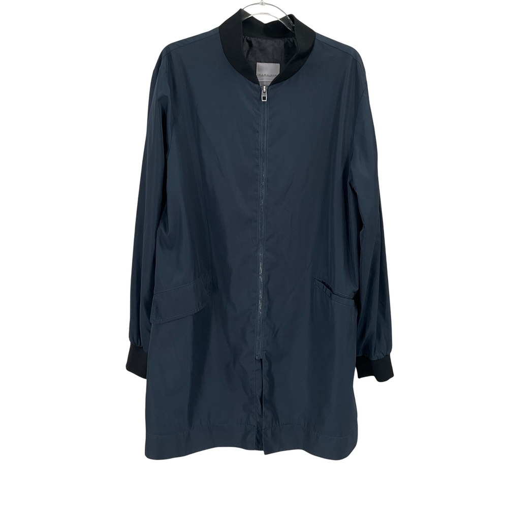 Zara Man Longline Bomber Jacket Mens Size L Navy Blue Minimalist Classic Zip Up